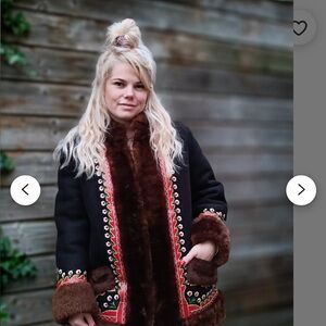 Vintage Embroidered Black and Brown Women's Shearling Coat